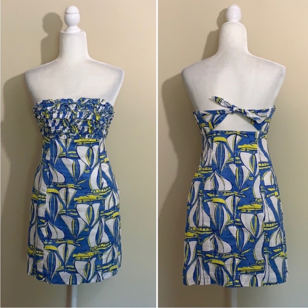 Lilly Pulitzer Blue White Sailboat‎ Strapless Dress